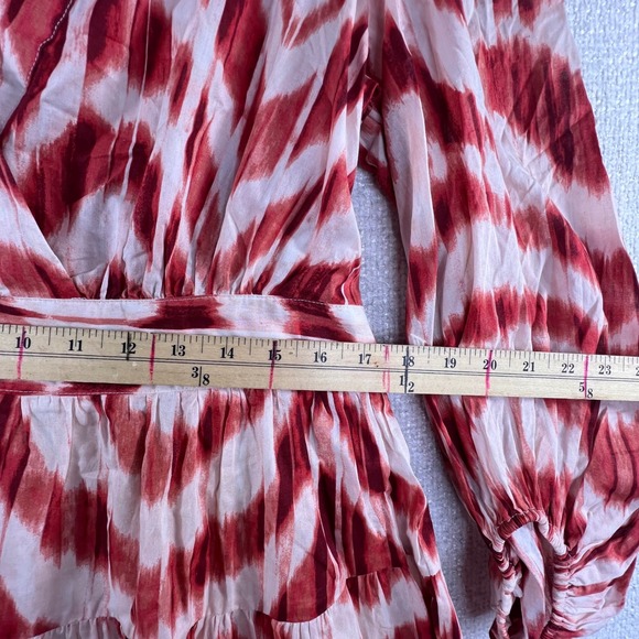 Banana Republic Red White Ikat Tiered Wrap Midi Dress Balloon Sleeve - Picture 9 of 12